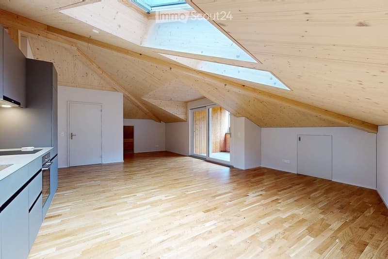 Bright, open attic space with wooden floors, exposed wooden beams, skylights, and a sliding glass door leading to an outdoor area. Minimalist design with white walls and modern cabinetry on one side.