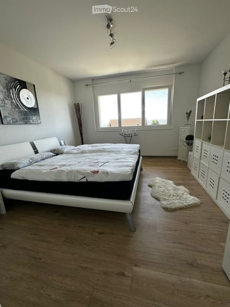 Modern bedroom with a large bed, white nightstand, built-in shelving unit, a small round chair, and a decorative rug. Large windows provide natural light.
