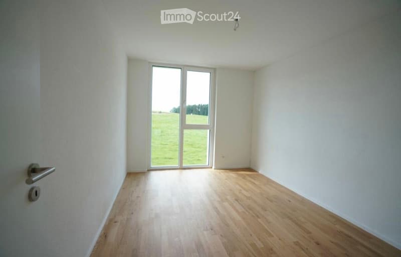 Empty room with light wooden flooring, white walls, and large windows overlooking a green field.