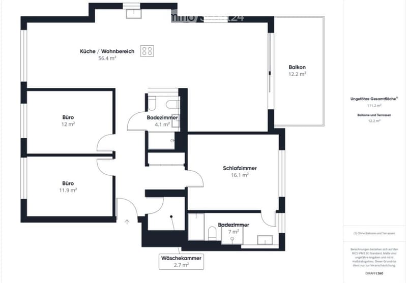 Floor plan showing a kitchen/living area, two bathrooms, two bedrooms, two offices, a laundry room, and a balcony.