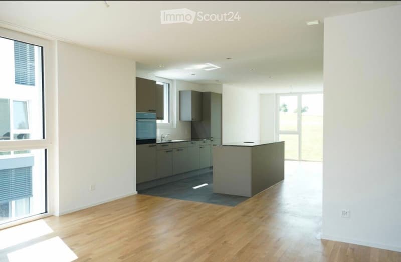 Open-plan unfurnished room with light-colored walls, wooden flooring, and a small kitchen area featuring grey cabinets and a countertop.