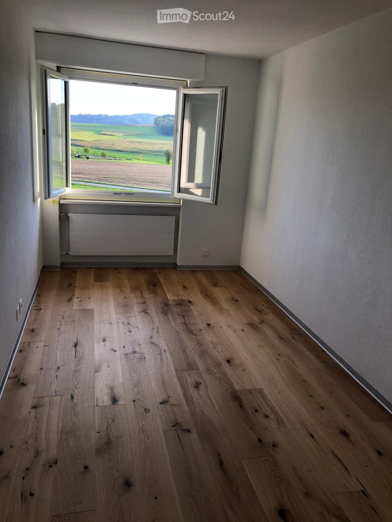 Empty room with light wooden flooring, white walls, large windows with open shutters revealing a scenic countryside view, and a radiator below the windows.