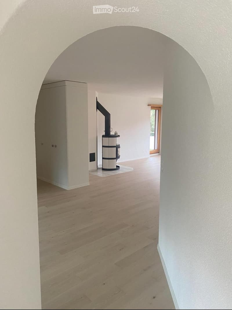 Empty room with light wooden flooring and white walls, featuring an arched doorway and a small black cylindrical object in the background.