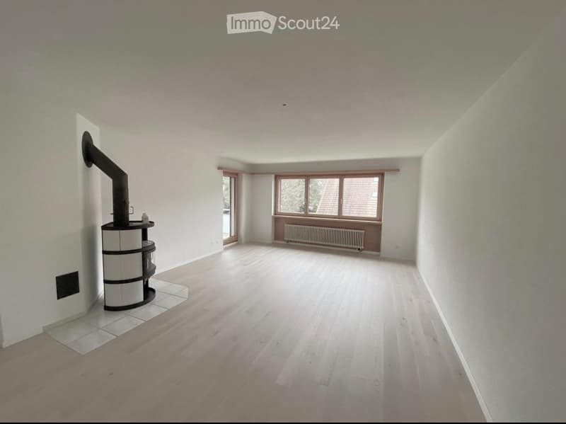 Empty room with light wooden flooring, white walls, large windows, and a built-in radiator. A black chimney and a small black cylindrical object are visible on the left side.