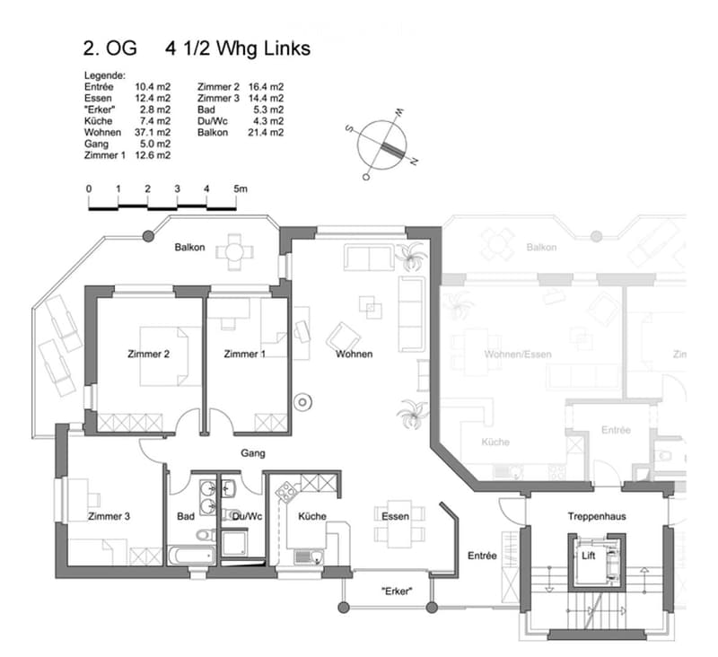 Floor plan of a 4.5-room apartment on the 2nd floor, featuring a living area, kitchen, three bedrooms, bathroom, and balcony.