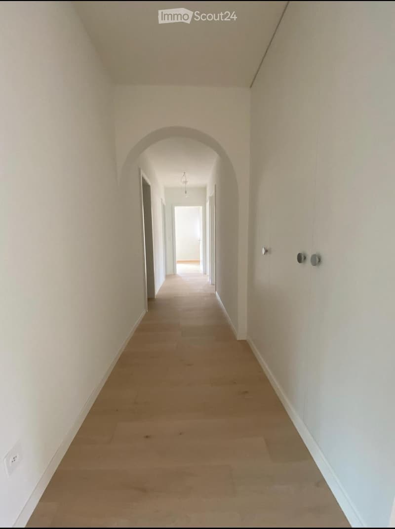 Empty hallway with light-colored walls, wooden floor, and arched ceiling. No furniture or decorations visible.