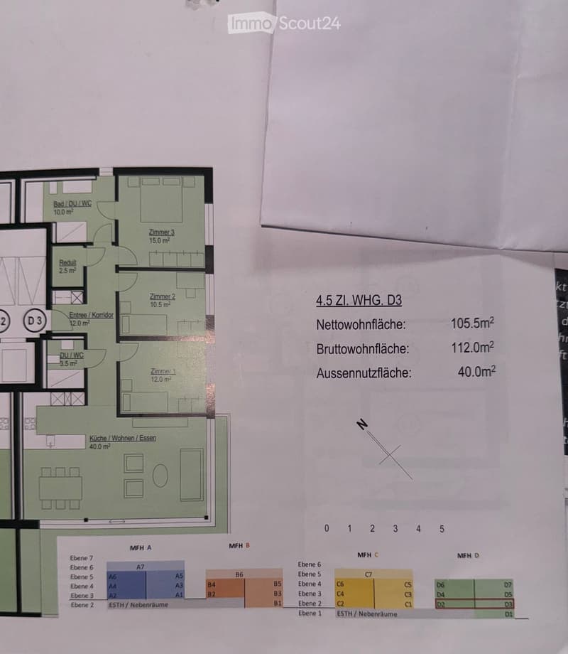 Floor plan of a 4.5-room apartment (D3) with a net living area of 105.5 m² and gross living area of 112.0 m². Layout includes a kitchen/dining/living area (40.0 m²), three bedrooms (15.0 m², 10.5 m², 12.0 m²), two bathrooms (10.0 m², 3.5 m²), and a hallwa