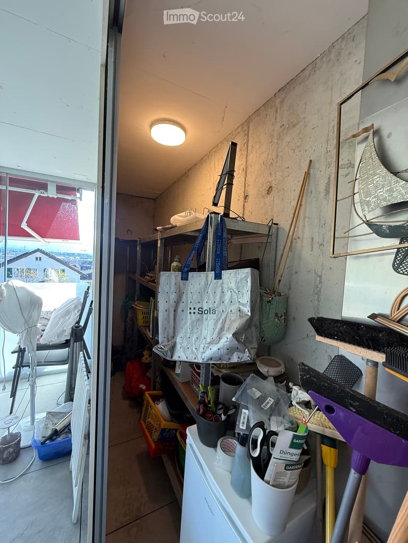A cluttered storage or utility room with shelves holding various items, including a handbag, tools, cleaning supplies, and a fan. The room has a concrete floor and exposed walls.