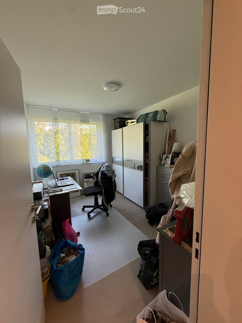Office space with a desk, chair, globe, cabinet, and various bags scattered around.