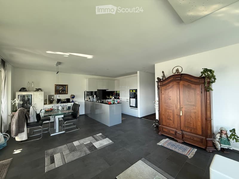 Open-plan living and dining area with a modern kitchen, dining table, chairs, and a large wooden wardrobe.