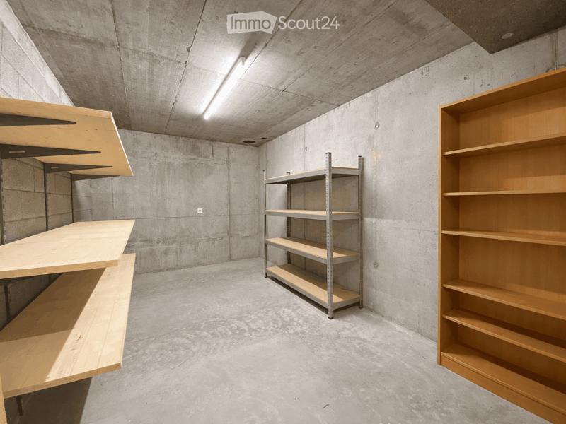 Minimalist room with concrete walls and ceiling, featuring wooden shelves and a metal shelving unit.