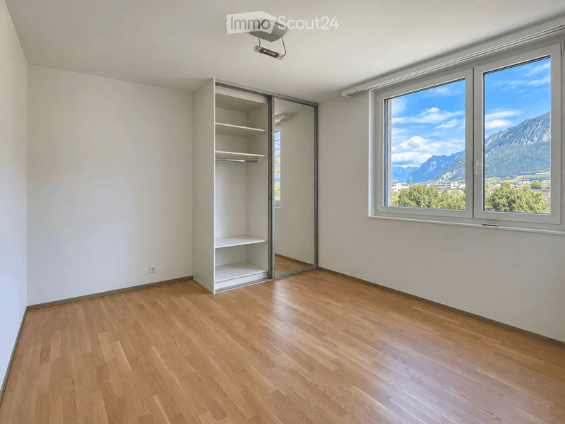 Empty room with wooden flooring, white walls, large windows showing a mountain view, and a built-in closet with shelves.
