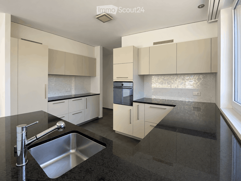 Modern kitchen with white cabinets, black countertops, stainless steel sink, and built-in oven.