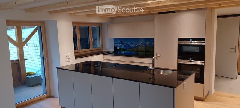 Kitchen: island, black countertops, stainless steel sink, stainless steel faucet, white cabinets, glass door, black oven, white walls, wooden ceiling, window, image of mountains on a glass panel, door