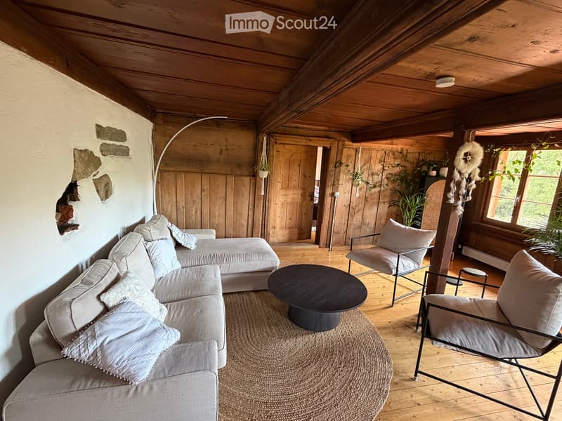 Cozy living room with wooden beams, exposed stone wall, grey sofa, armchair, round table, and hanging plants.