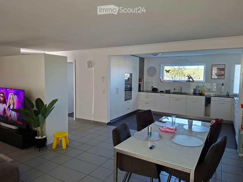 Open-plan living and dining area with a modern kitchen, featuring a TV, dining table with chairs, a yellow stool, and a potted plant.