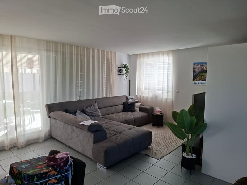 Modern living room with a grey sectional sofa, a small side table, a potted plant, and a colorful suitcase with a towel on it.