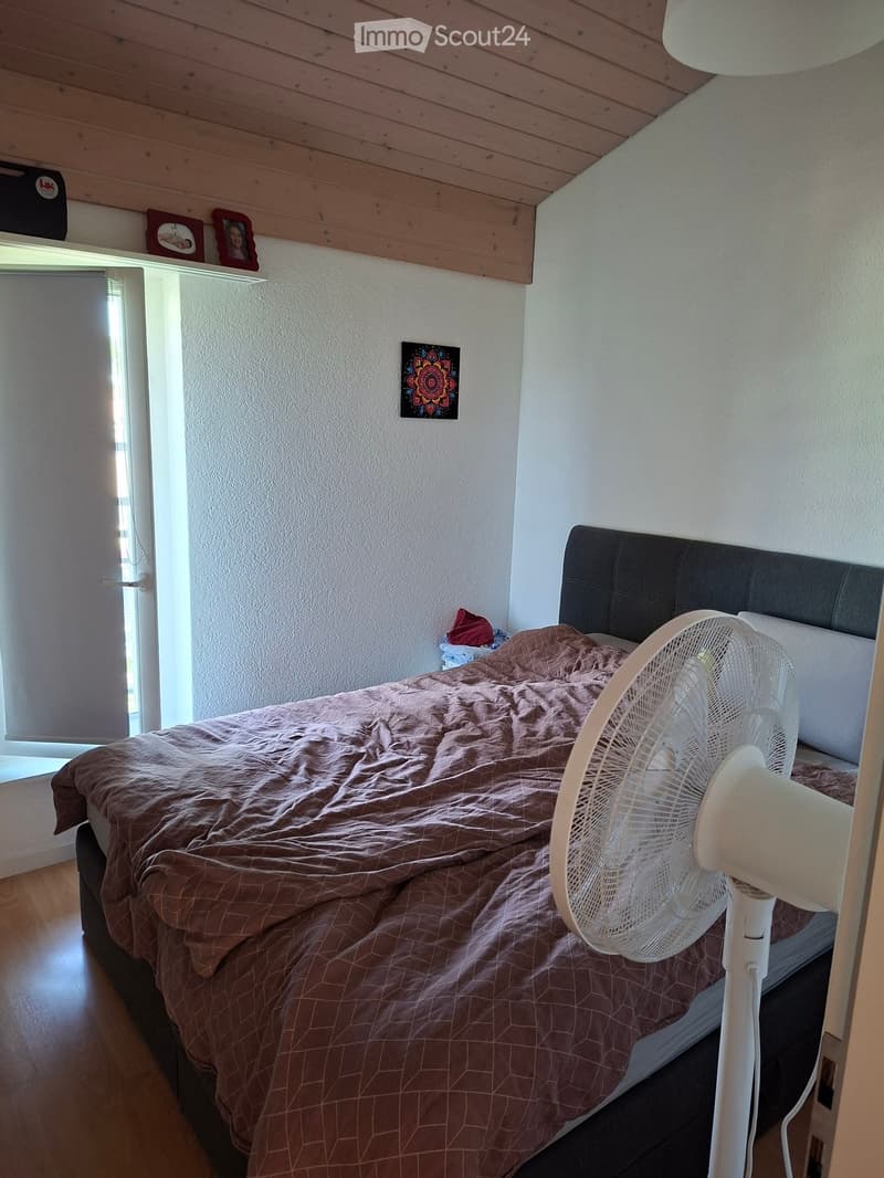 Cozy bedroom with a wooden bed, pink bedding, a white fan on the bed, and a picture frame on the wall.