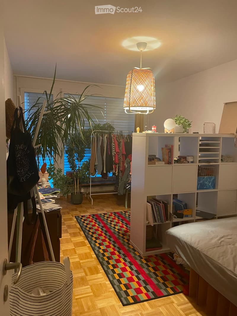 A well-lit bedroom with a bed, a colorful rug, a large plant, a shelf with books and items, and a clothing rack with hanging clothes.