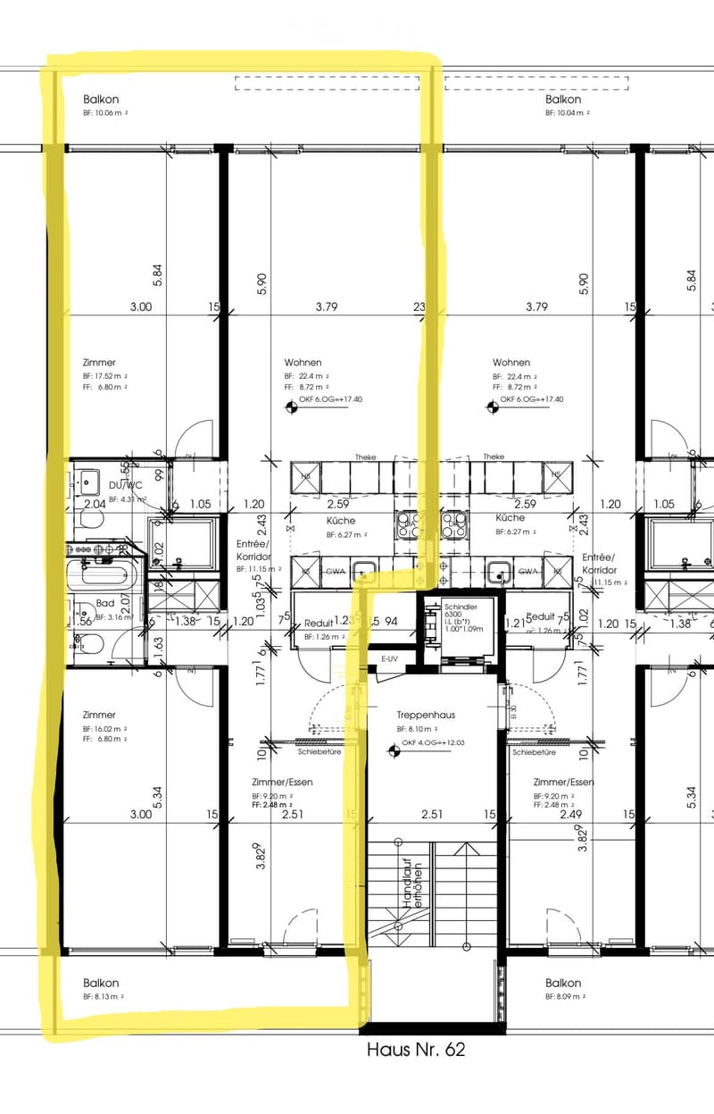 Floor plan of Haus Nr. 62 showing two apartments with living rooms, bedrooms, kitchens, bathrooms, balconies, and stairwell.