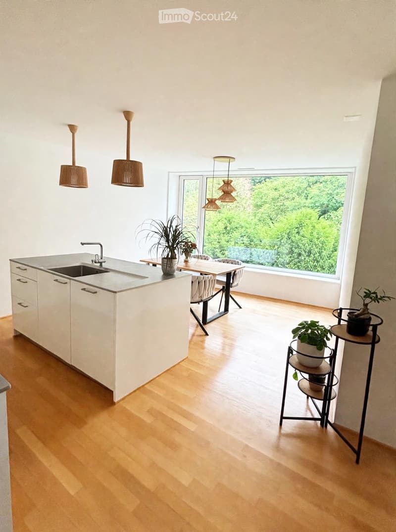 Open-plan kitchen and dining area with light wood flooring, white cabinetry, and pendant lights. Features a kitchen island with a sink, a dining table with chairs, and potted plants on side tables.