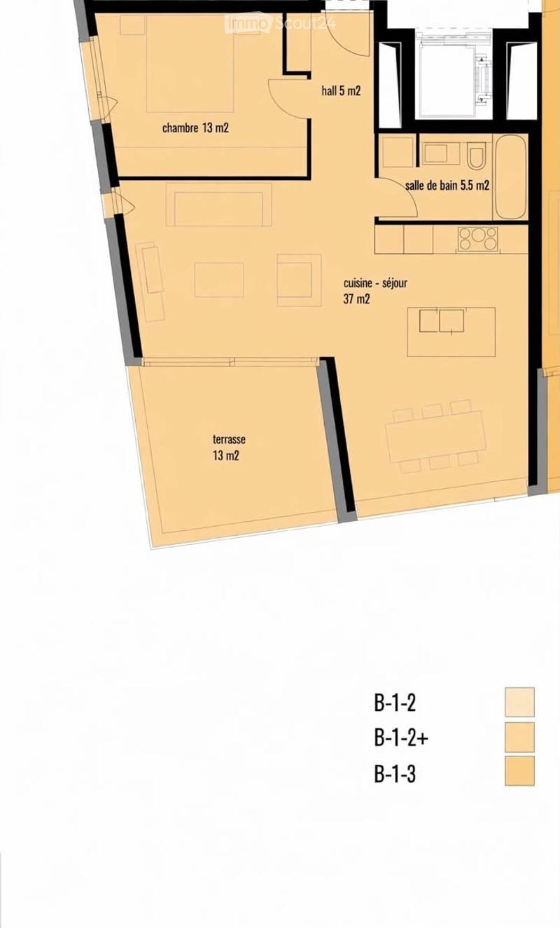 Floor plan showing a 37 m² living-dining area,13 m² bedroom, 5 m² hallway, 5.5 m² bathroom, and 13 m² terrace.