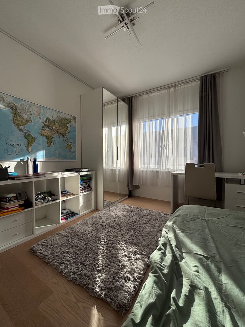 Modern bedroom with a large bed, fluffy rug, desk with chair, shelf with books and decorative items, large mirror, and a world map on the wall.
