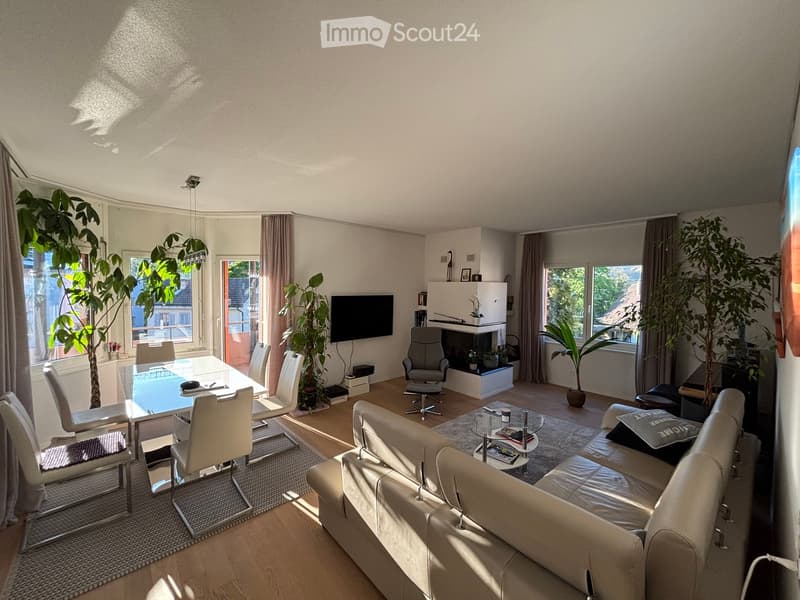 Bright living room with a white sofa, coffee table, dining area with chairs and table, fireplace, and large windows with plants.