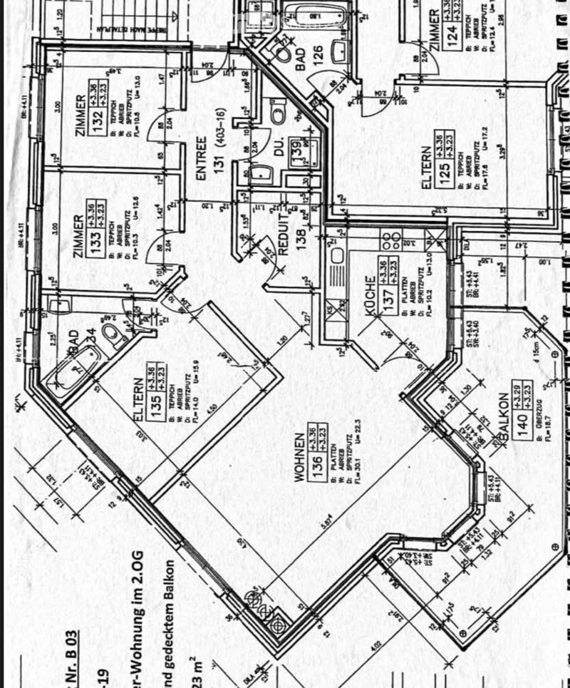 Floor plan of a residential unit on the second floor, showing rooms labeled with numbers and names such as "WOHNEN" (living room), "KOCHE" (kitchen), "BAD" (bathroom), and "BALKON" (balcony). Dimensions and measurements are indicated throughout.