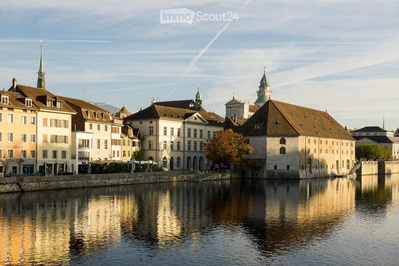A row of historic buildings along a waterfront, with a calm river reflecting the structures. The architecture includes multi-story buildings with varied facades, some featuring green domes and spires, and a tree with autumn foliage near the water's edge.