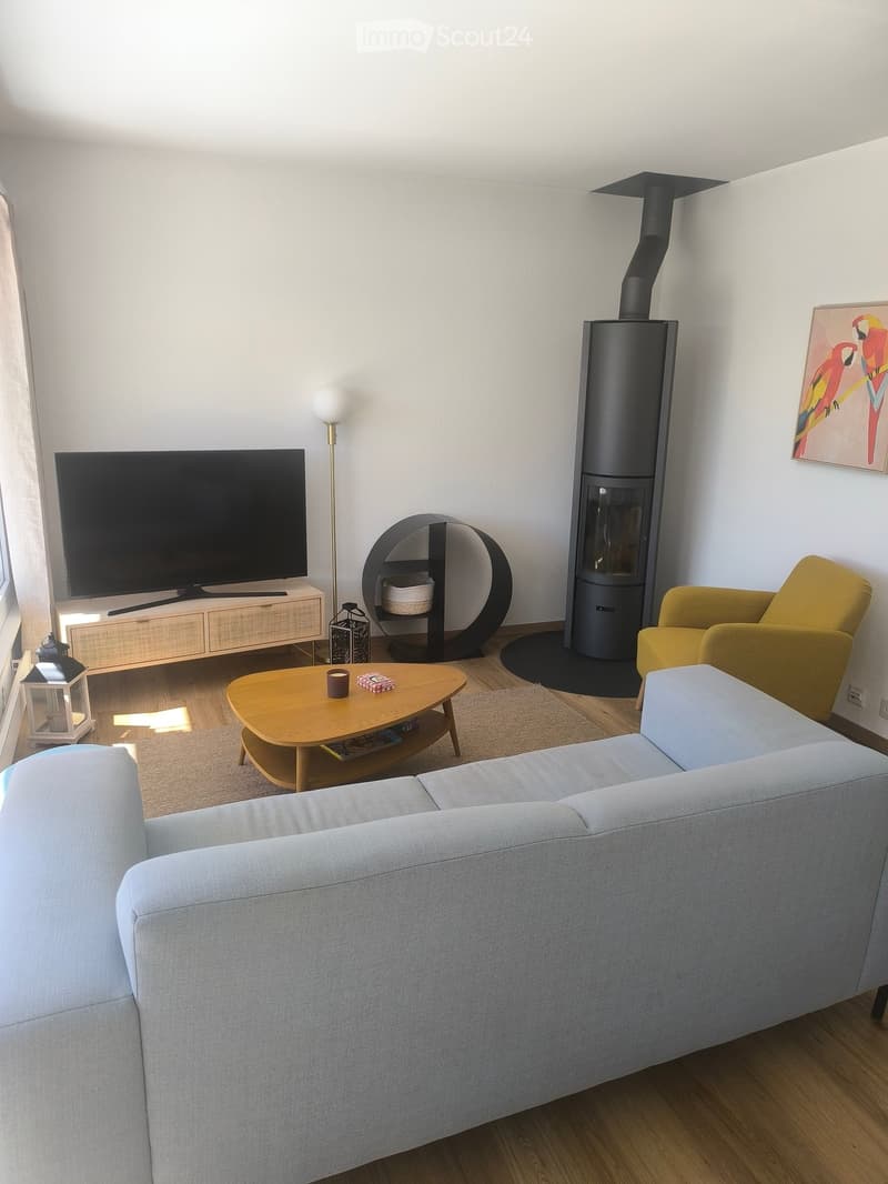 Modern living room with a grey sofa, wooden coffee table, armchair, TV, floor lamp, and a sleek black fireplace.