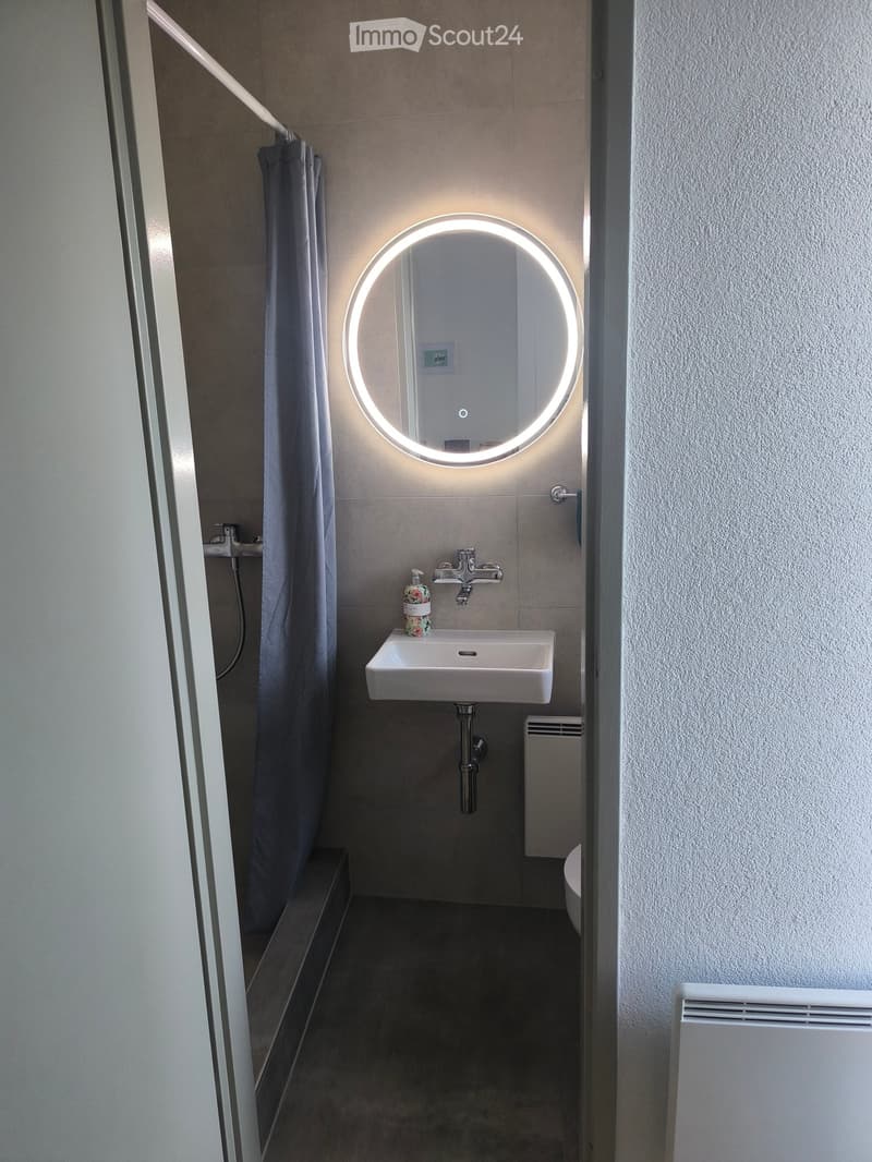 Modern bathroom with a white sink, chrome faucet, round illuminated mirror, and a shower area with a curtain.