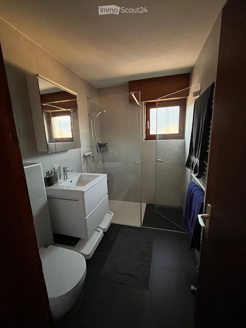 Modern bathroom with white sink, toilet, mirror, glass-enclosed shower, and towels.