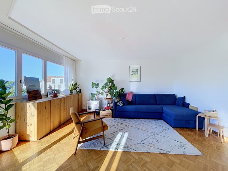 Bright living room with wooden flooring, large windows, a blue sectional sofa, a wooden chair, a small table, and several potted plants.
