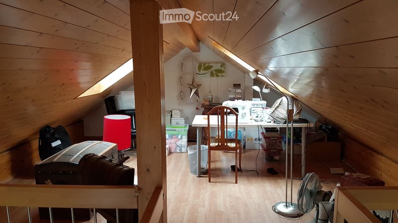 Attic room with wooden walls and ceiling, skylight window, desk with chair, floor lamp, fan, and storage items.