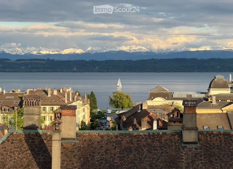 View from a rooftop showing a cityscape with traditional houses, chimneys, and a distant lake with a sailboat, with snow-capped mountains in the background.