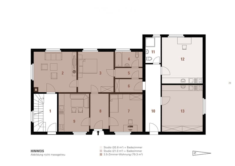 Floor plan showing a studio (20.8 m²) with bathroom, a studio (21.0 m²) with bathroom, and a 3.5-room apartment (79.3 m²).