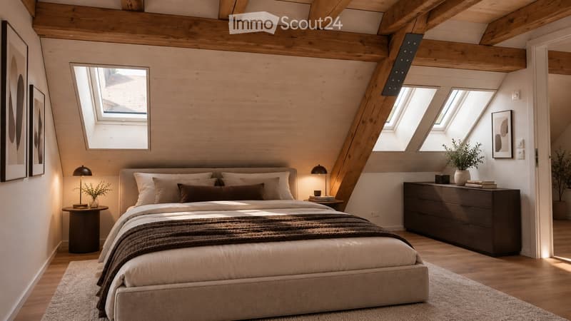 Cozy attic bedroom with wooden beams, skylights, a large bed with pillows and blankets, nightstands with lamps, a dresser, and artwork on the walls.