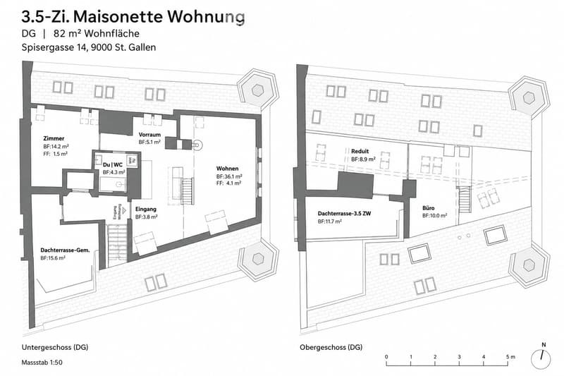 Floor plan of a 3.5-room maisonette apartment on the top floor (DG) with 82 m² living area. Includes living room, bedroom, bathroom, hallway, entrance, and a rooftop terrace.