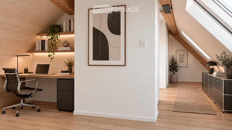 Modern, well-lit room with wooden floors, a sleek desk setup, a comfortable chair, and decorative elements including plants and artwork.