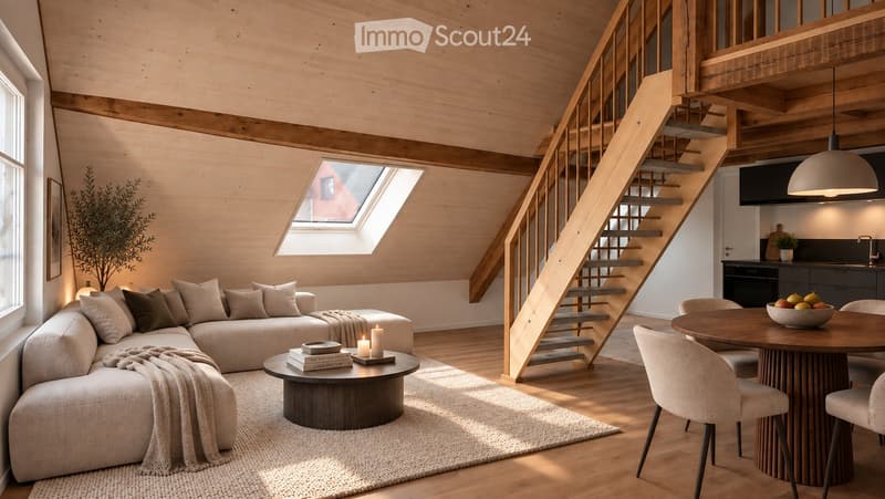 Modern living room with a sectional sofa, coffee table, dining area, kitchen, and staircase leading to an upper level. Features wooden beams, large windows, and a skylight.