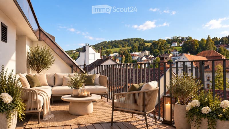 A modern rooftop terrace with a comfortable sofa, coffee table, and wicker chair, surrounded by potted plants and candles, overlooking a scenic cityscape.