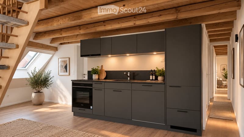 Modern kitchen with dark grey cabinets, stainless steel appliances, wooden beams, and a skylight window. Features include an oven, sink, faucet, potted plants, and a cutting board on the counter.