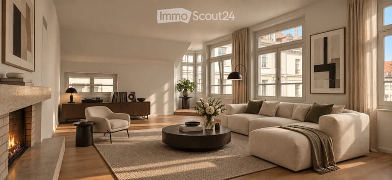 Modern living room with large windows, fireplace, cream-colored sofa, ottoman, coffee table, armchair, table lamp, and decorative items.