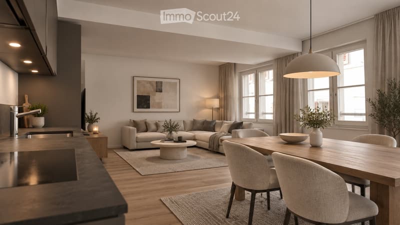 Modern living and dining area with a sectional sofa, coffee table, dining table with chairs, pendant light, floor lamp, and decorative plants.