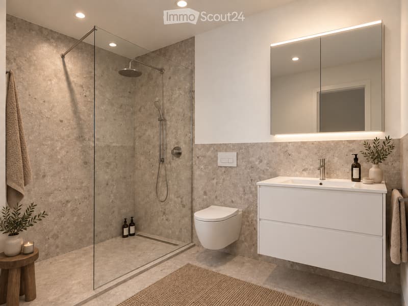 Modern bathroom with a glass-enclosed shower, white sink cabinet, large mirror with built-in lighting, and a sleek toilet. Includes decorative plants and a small wooden stool with a candle.