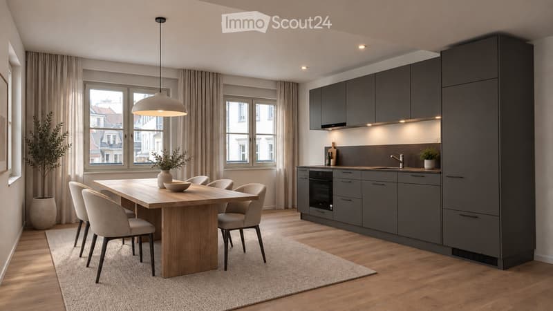 Modern kitchen and dining area with grey cabinets, wooden dining table, chairs, pendant light, and large windows with curtains.