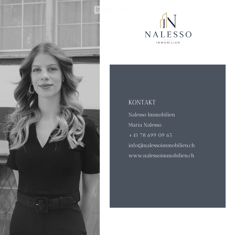 Professional real estate contact card featuring a woman in a black dress, with contact details for Nalesso Immobilien, including name, phone, email, and website.