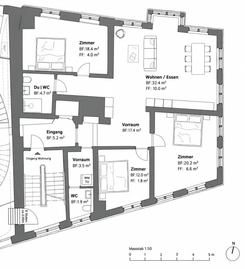 Floor plan of a residential unit with multiple rooms including bedrooms, living/dining area, entrance, hallway, and bathrooms.