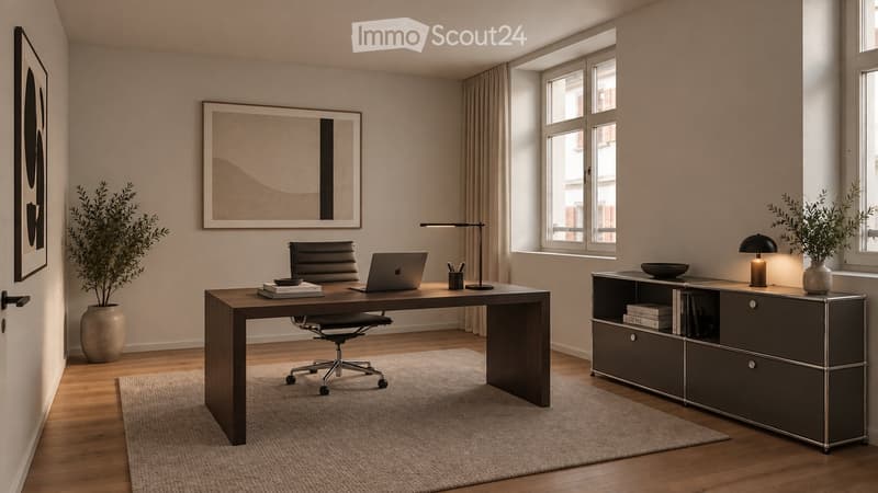Modern, well-lit office space with a large wooden desk, ergonomic chair, laptop, floor lamp, cabinet, and decorative plants.